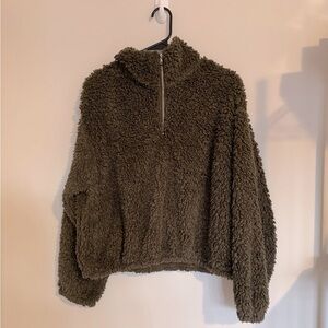 H&M Green Teddy Zip Pullover Jacket Women’s Medium Faux Shearling Fleece